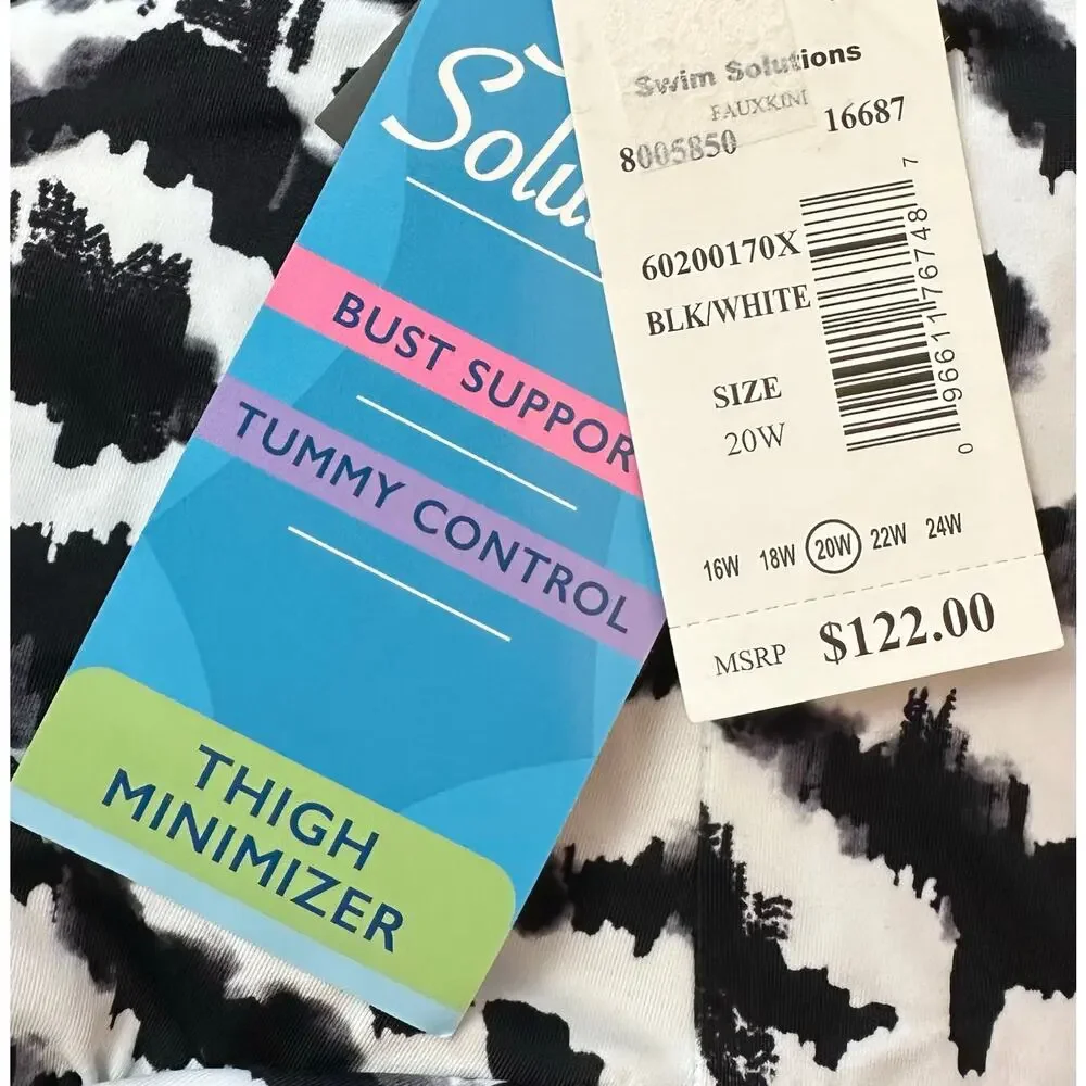 NWT Swim Solutions Tiered One Piece Swimsuit Black White Control Plus Size 20W - Picture 9 of 10